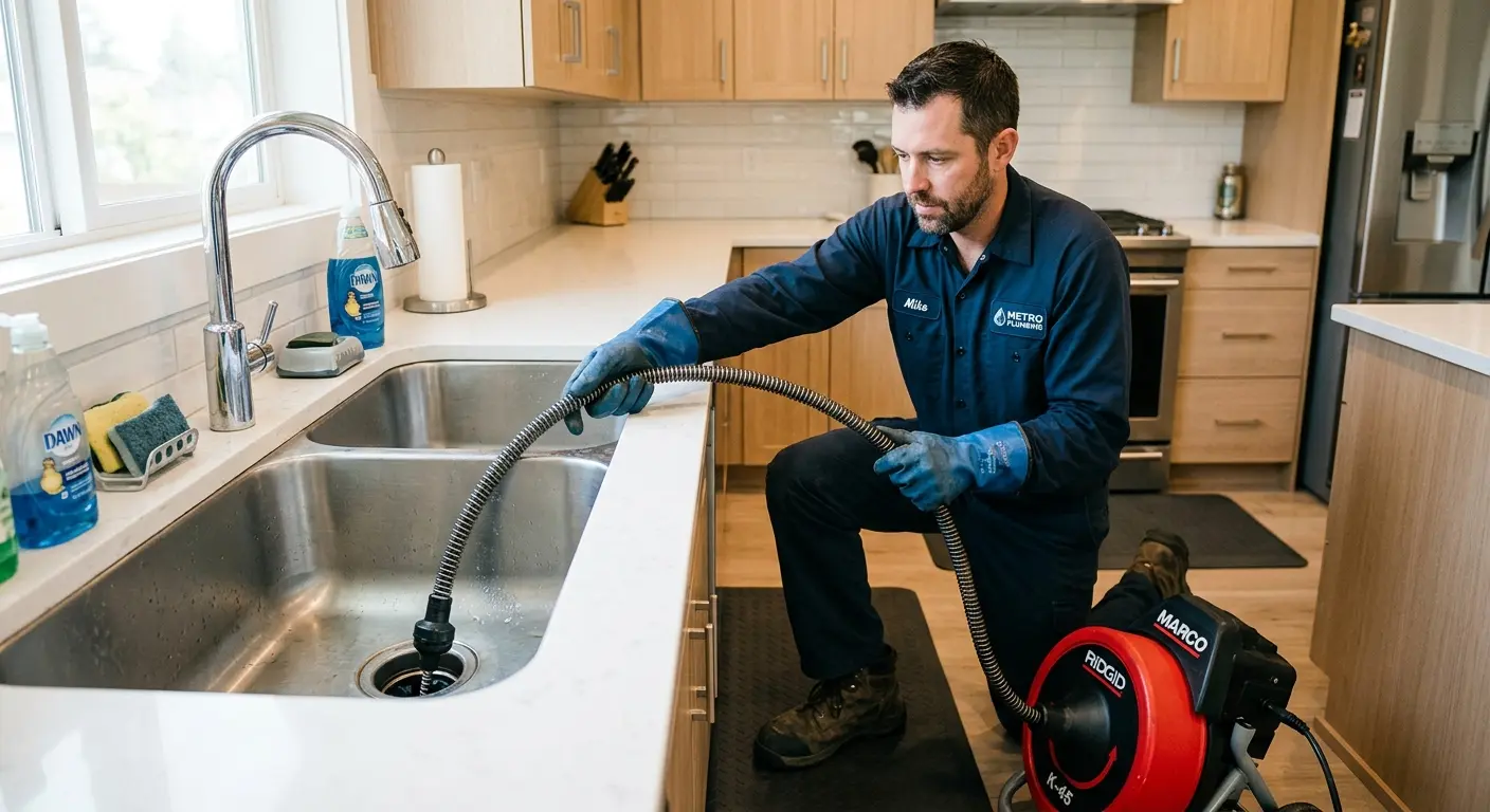Drain cleaning technician using a motorized snake on a kitchen sink in Ontario